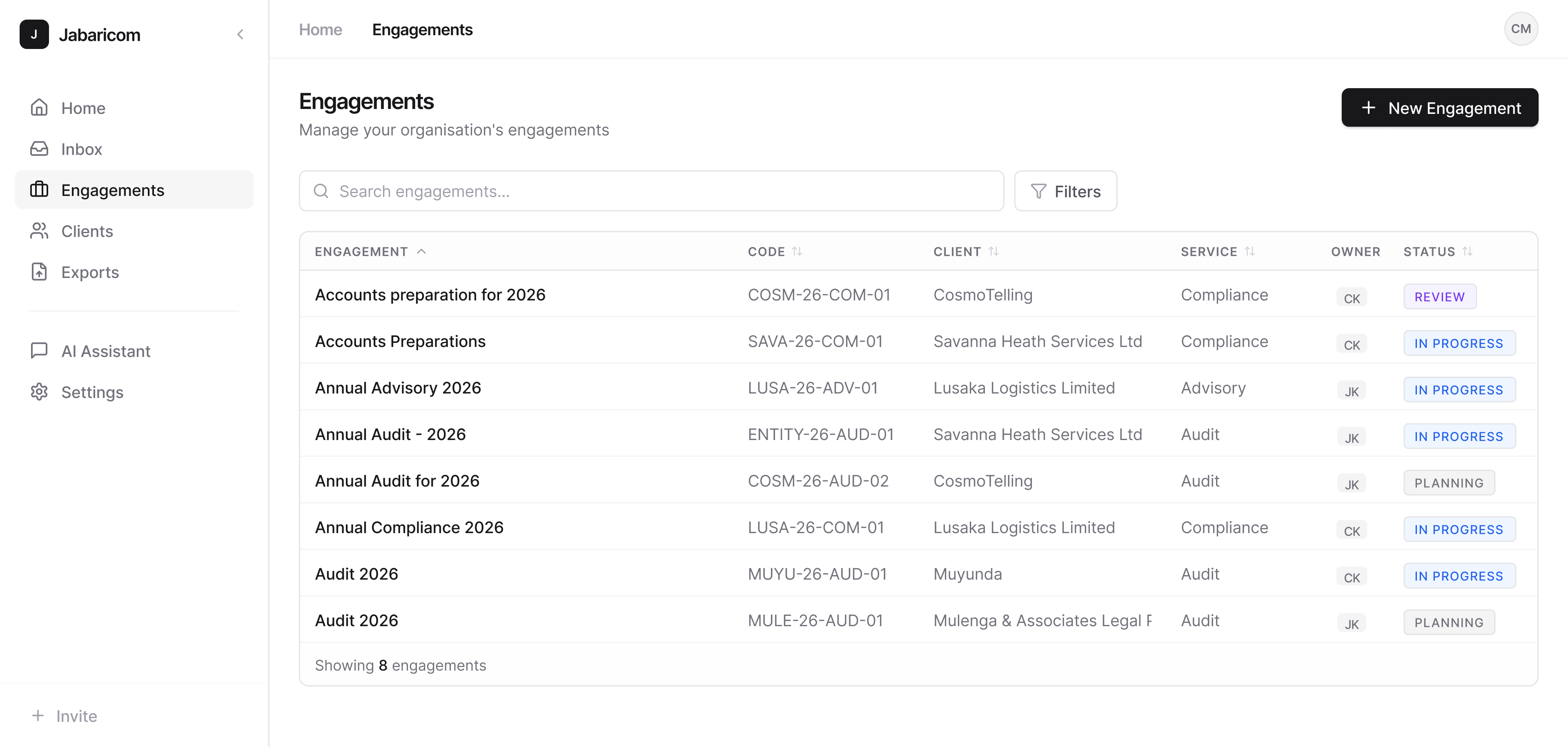 Engagement list view